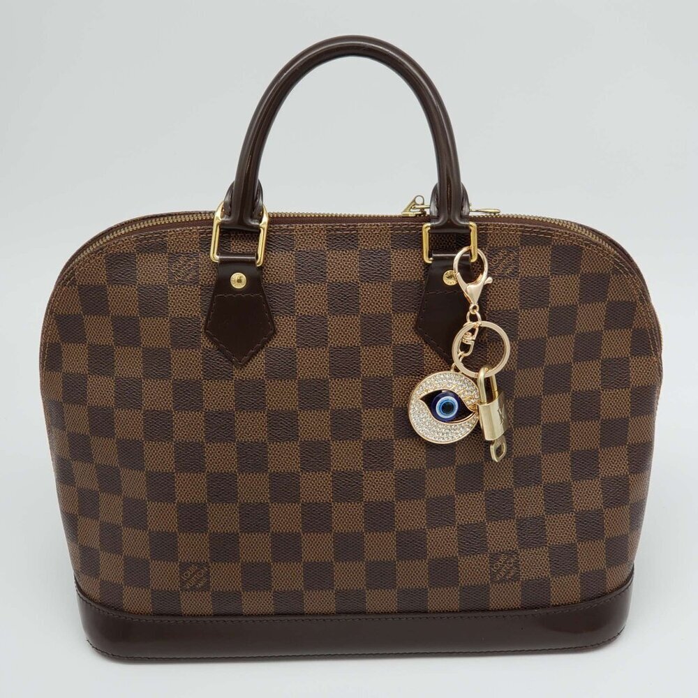 Authentic LV Gold Padlock & Key 🔑 Designer Charm w/ Unbranded Evil Eye Keychain - Picture 2 of 7